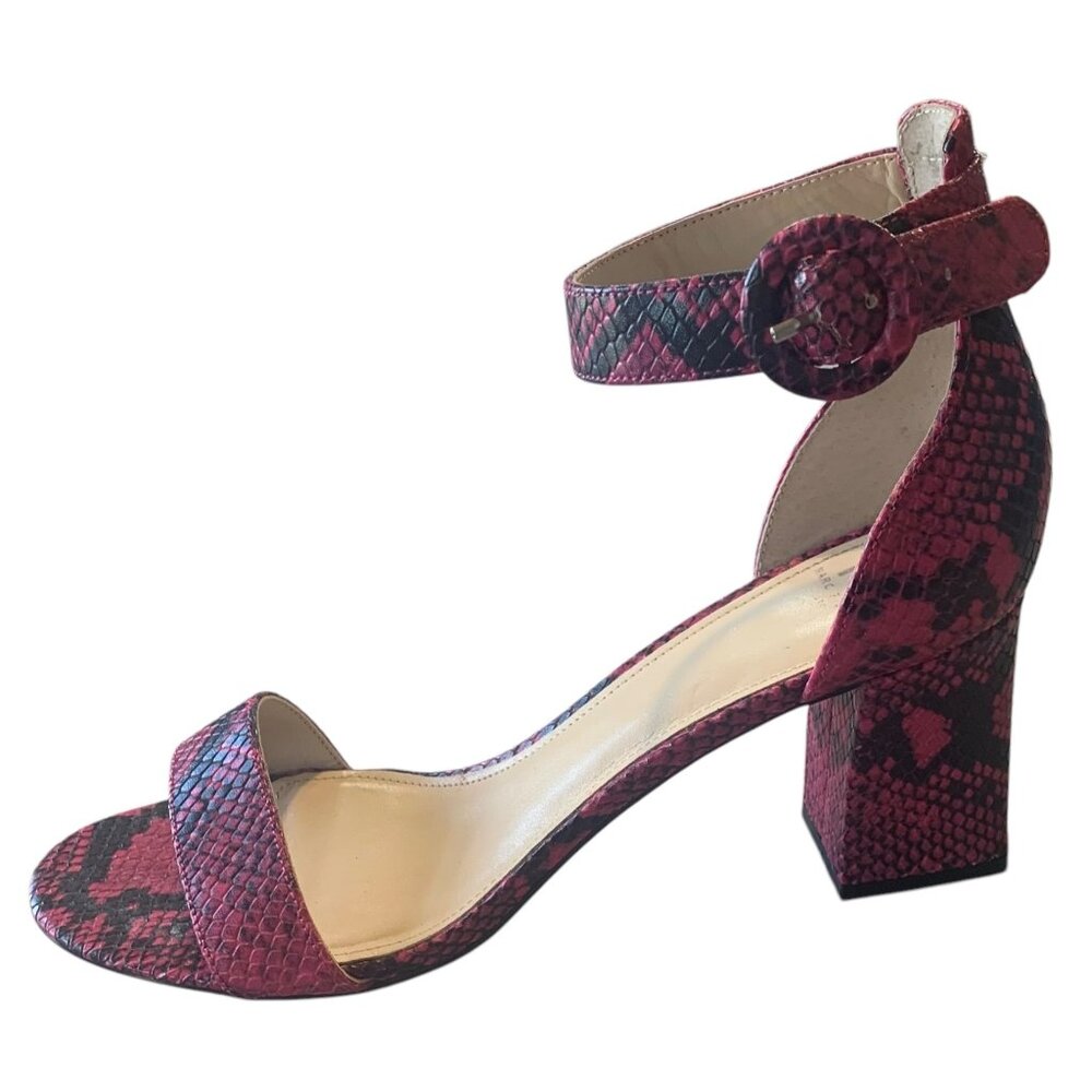 MARC FISHER Pink + Black Karlee Leather Snakeskin Print Ankle Strap Heels 10M